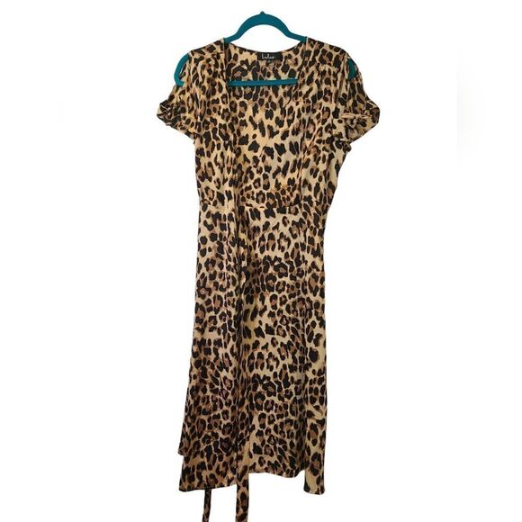Lulus Wild Night Out Taupe Leopard Print Wrap Midi Dress | M - Picture 7 of 14